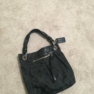 Coach Handbag, with leather shoulder strap, fabric body with two tones of black